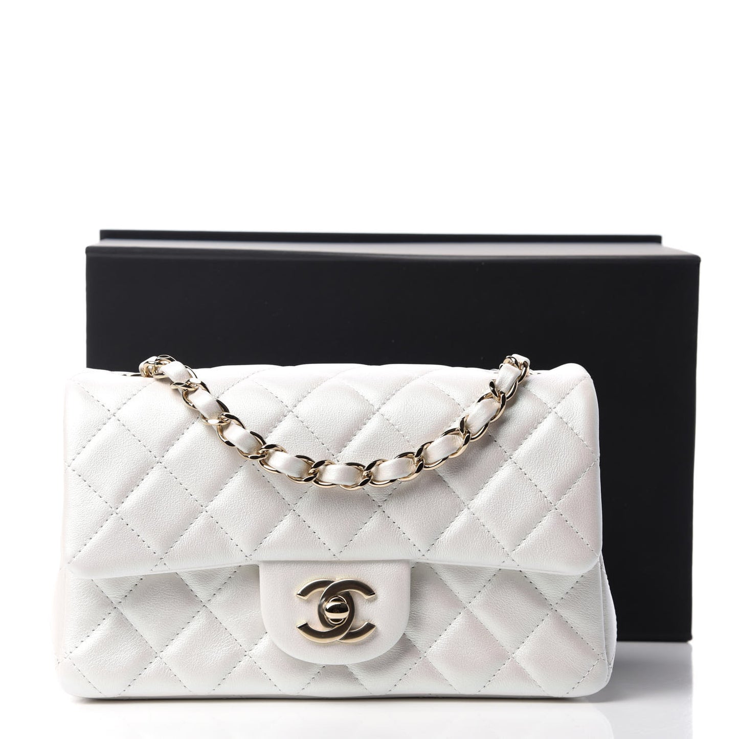 Iridescent Calfskin Quilted Mini Rectangular Flap White
