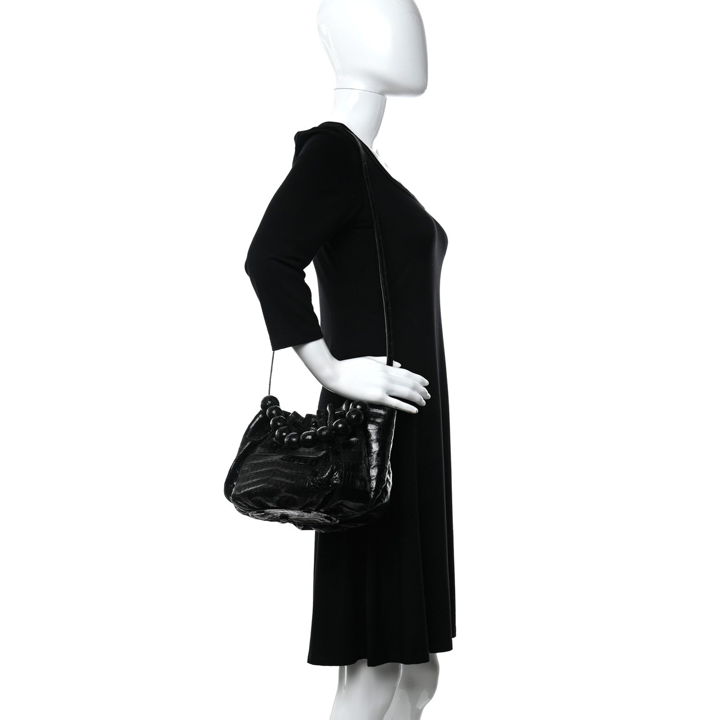 Crocodile Bead Handle Shoulder Bag Black