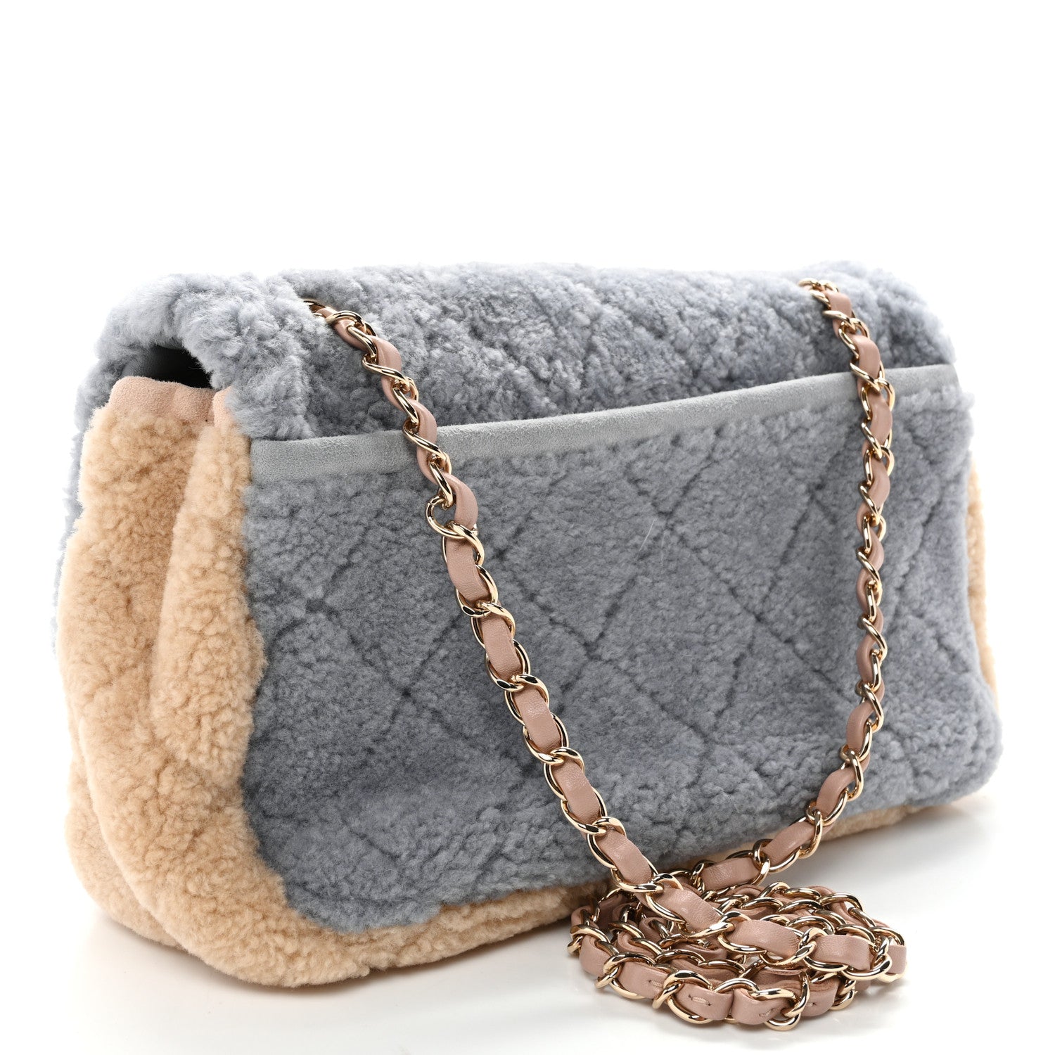 Chanel Shearling Sheepskin Single Flap Gray Pink Beige 1887138