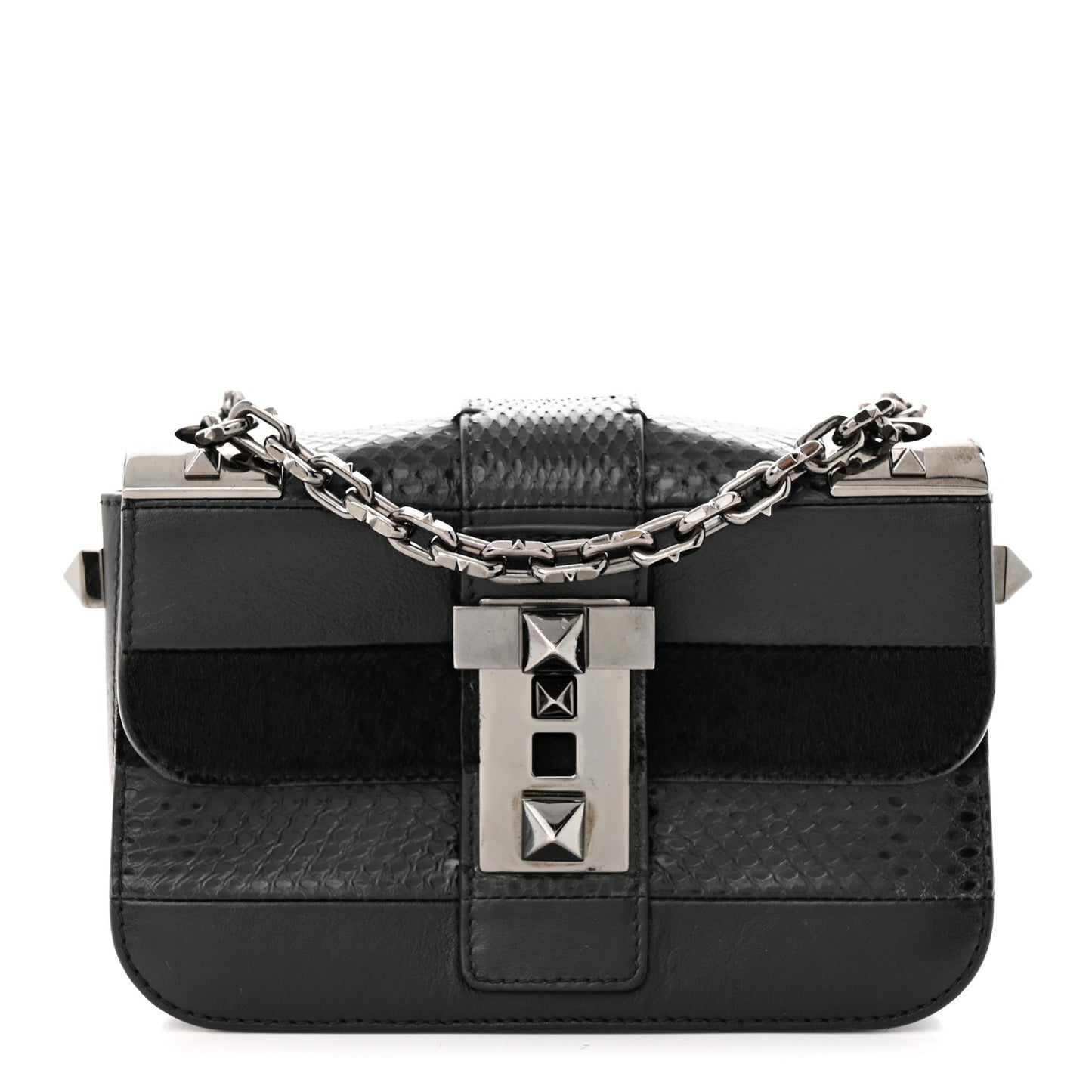 Snakeskin Embossed Vitello Calf Hair B-Rockstud Flap Black