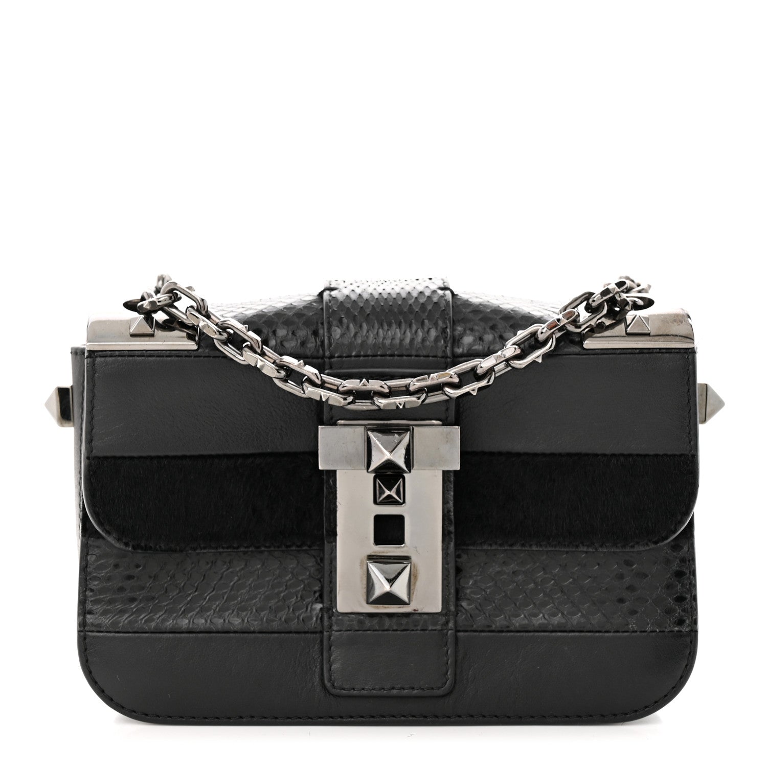 Valentino Garavani Snakeskin Embossed Vitello Calf Hair B-Rockstud Flap Black 1 of 11