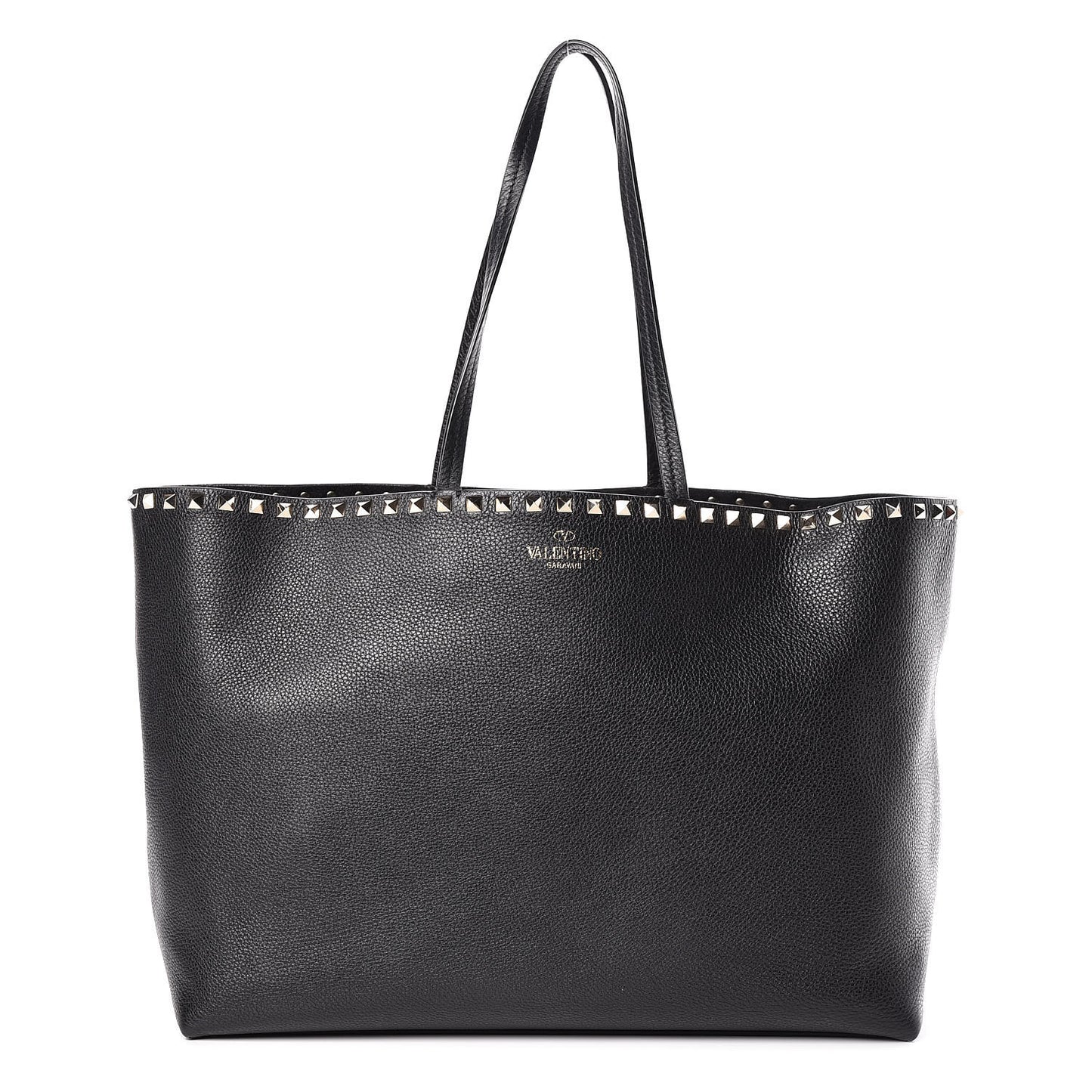 Grained Calfskin Rockstud Shoulder Tote Black
