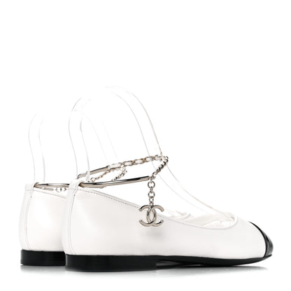 Chanel Lambskin Patent Calfskin Cap Toe Ankle Chain Ballerina Flats 36.5 White Black 4 of 9