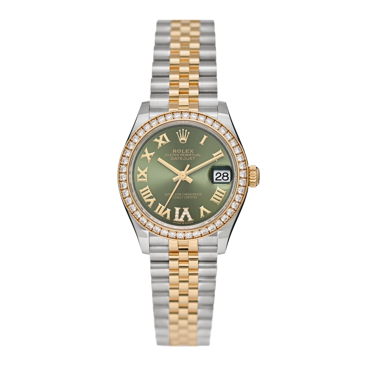 Stainless Steel 18K Yellow Gold Diamond 31mm Oyster Perpetual Datejust Watch Olive Green Roman 278383
