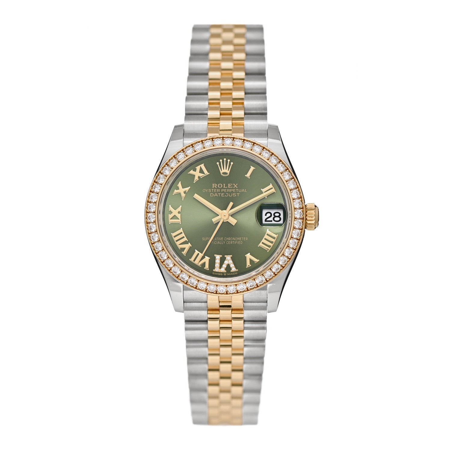 Rolex Stainless Steel 18K Yellow Gold Diamond 31mm Oyster Perpetual Datejust Watch Olive Green Roman 278383 1 of 4