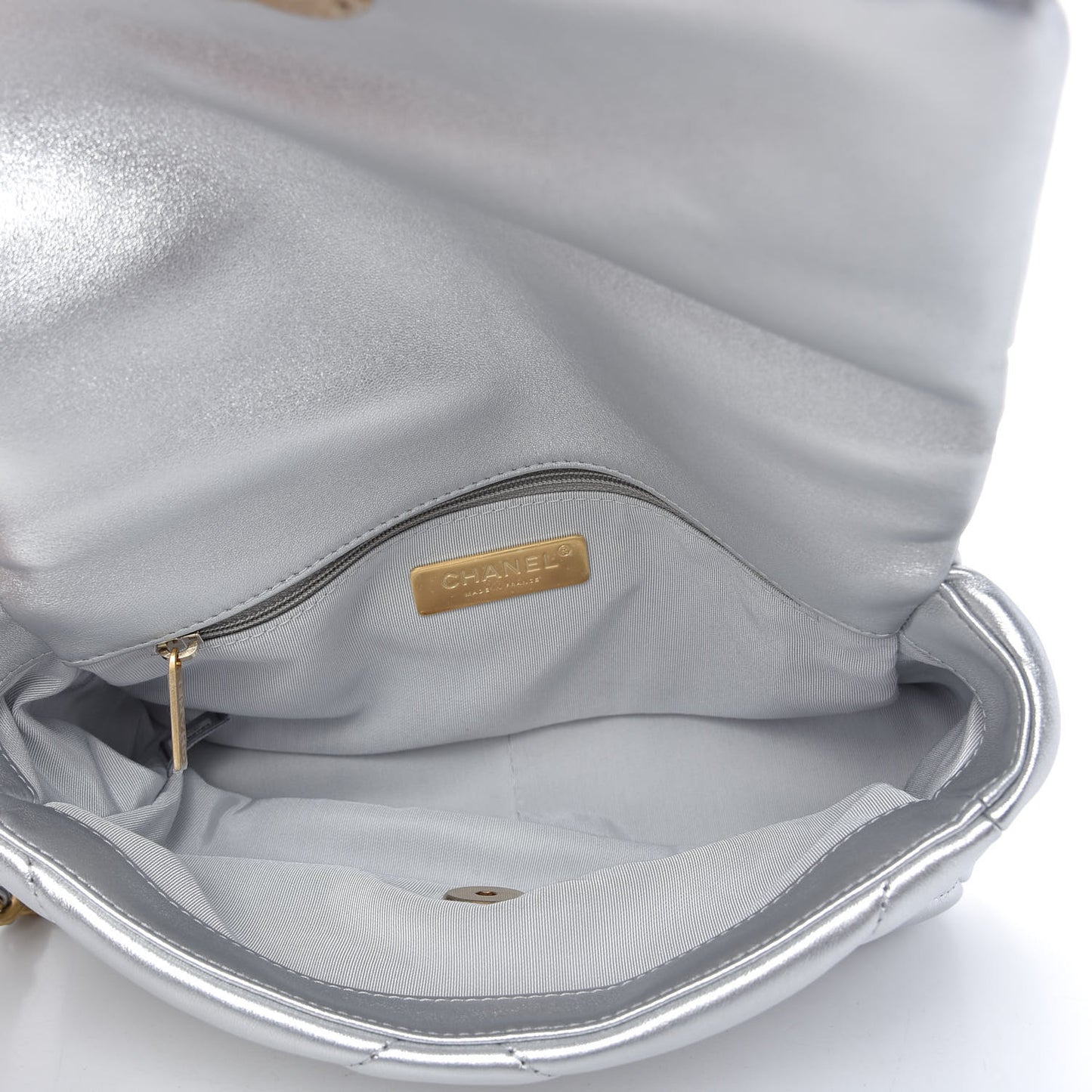 Metallic Lambskin Quilted Medium Chanel 19 Flap Silver