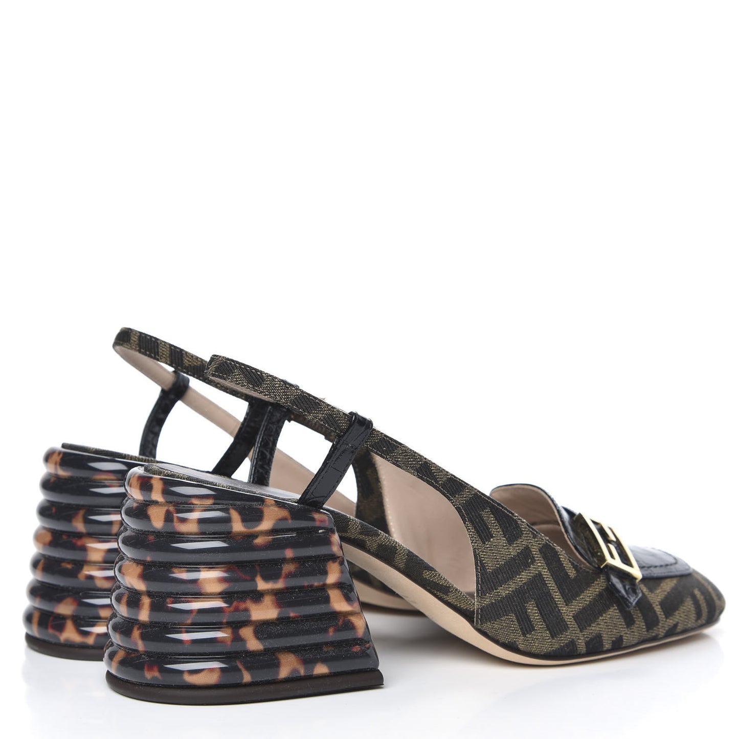 Jacquard Calfskin FF Tortoise Promenade Slingback Loafer Pumps 38.5 Tobacco