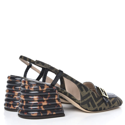 Fendi Jacquard Calfskin FF Tortoise Promenade Slingback Loafer Pumps 38.5 Tobacco 4 of 9