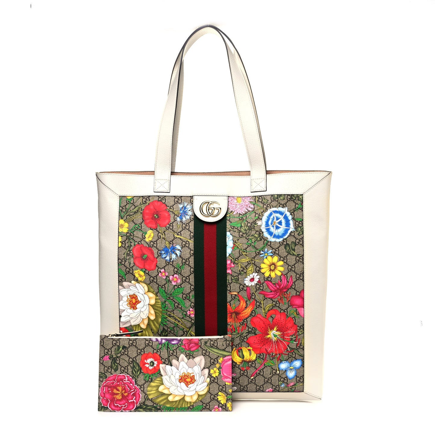 GG Supreme Monogram Flora Web Ophidia Vertical Shopping Tote White