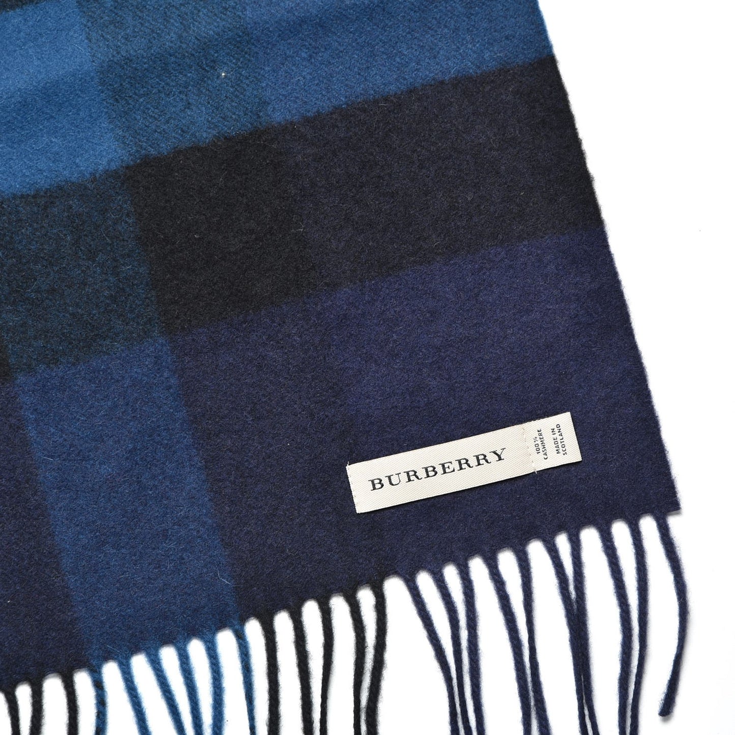 Cashmere Half Mega Check Fringe Scarf Indigo Blue