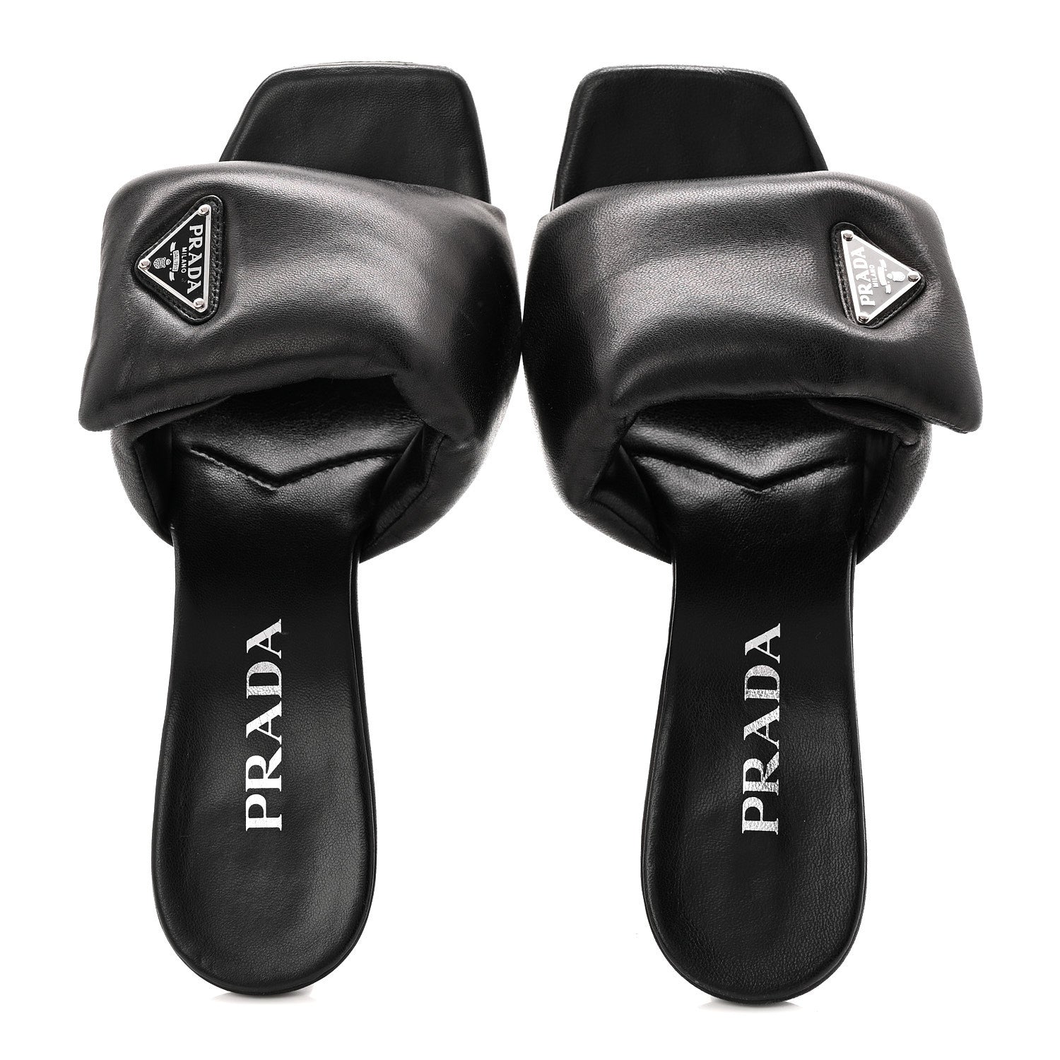 Prada Nappa Soft Padded Metal Triangle Logo 65mm Slide Sandals 37.5 Black 2 of 9