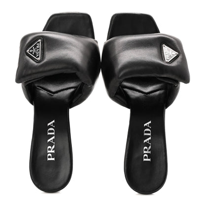Prada Nappa Soft Padded Metal Triangle Logo 65mm Slide Sandals 37.5 Black 2 of 9