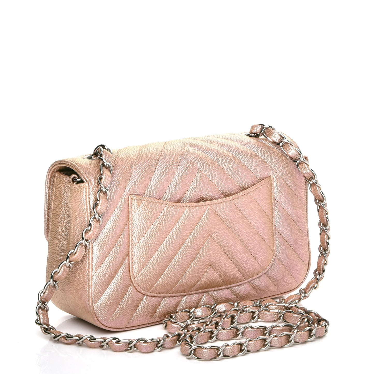 Iridescent Caviar Chevron Quilted Mini Rectangular Flap Light Gold