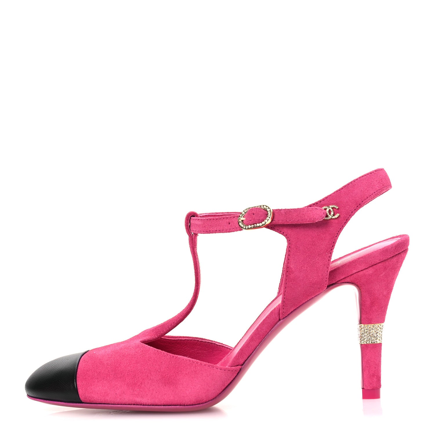 Chanel Suede Lambskin Cap Toe Crystal Slingback Pumps 38 Fuchsia Black 1 of 12
