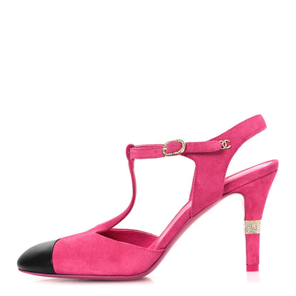 Chanel Suede Lambskin Cap Toe Crystal Slingback Pumps 38 Fuchsia Black 1 of 12