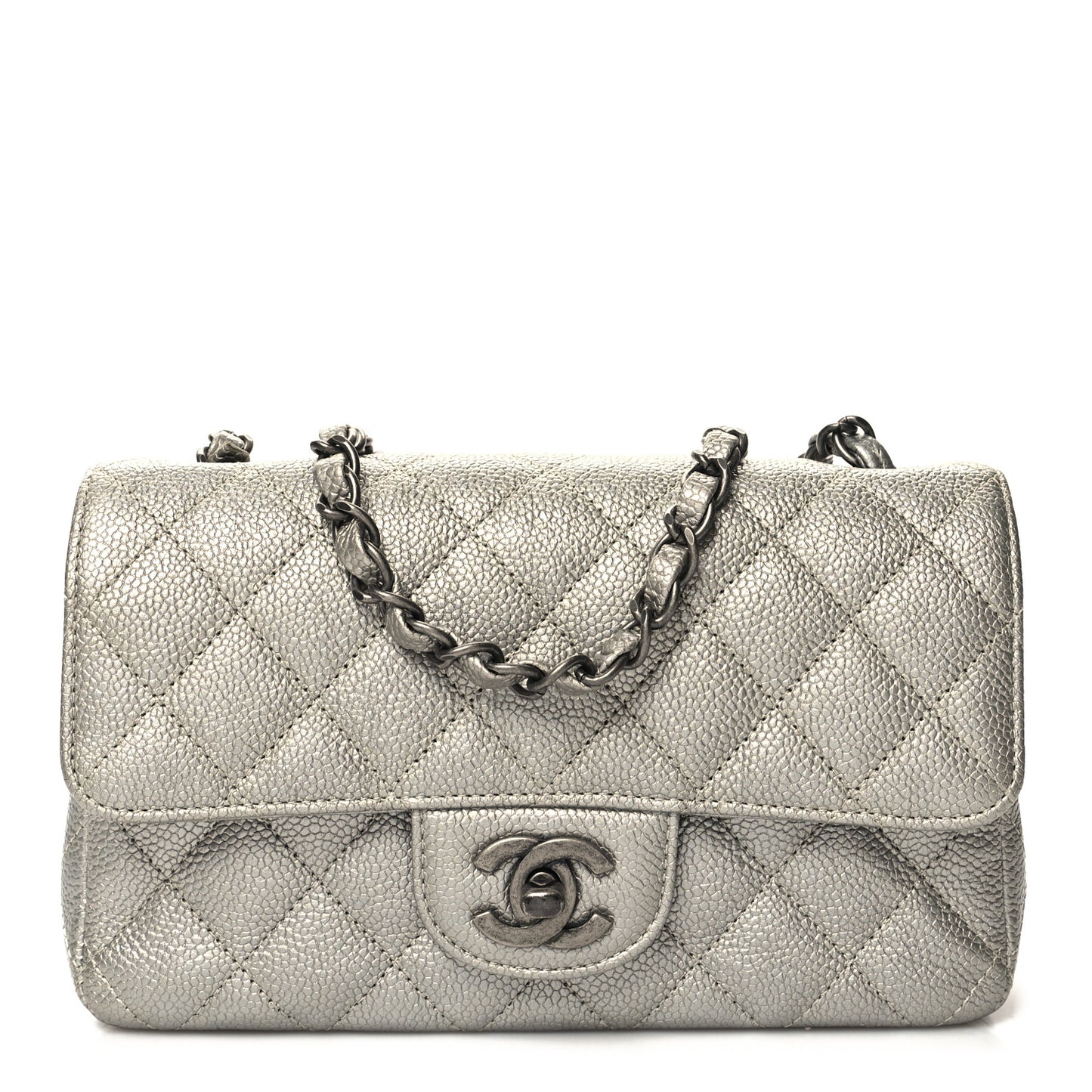 Metallic Caviar Quilted Mini Rectangular Flap Silver