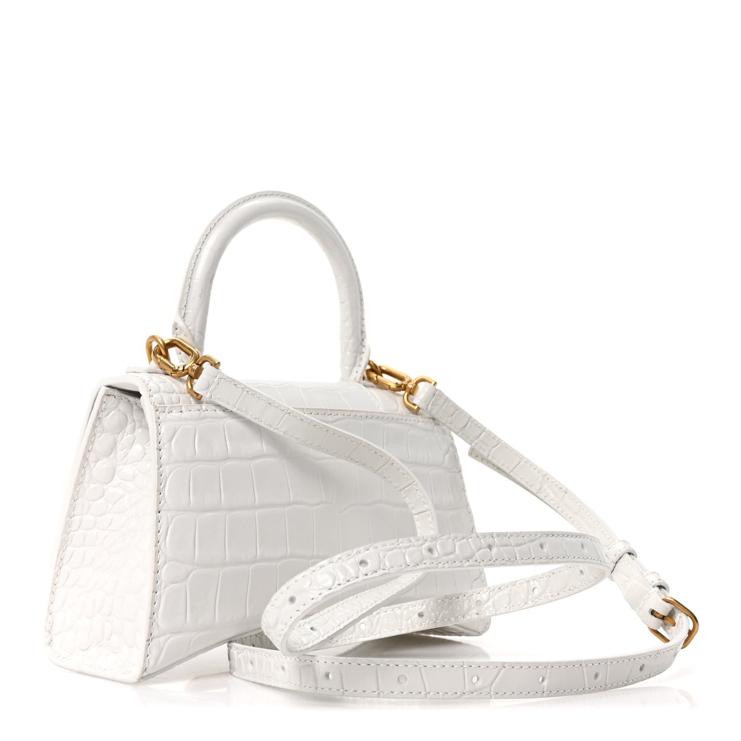 Shiny Calfskin Crocodile Embossed Hourglass Top Handle Bag XS White