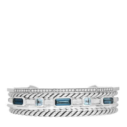 David Yurman Sterling Silver Diamond Hampton Blue Topaz 16.5mm Stax Color Cuff Bracelet 1 of 3