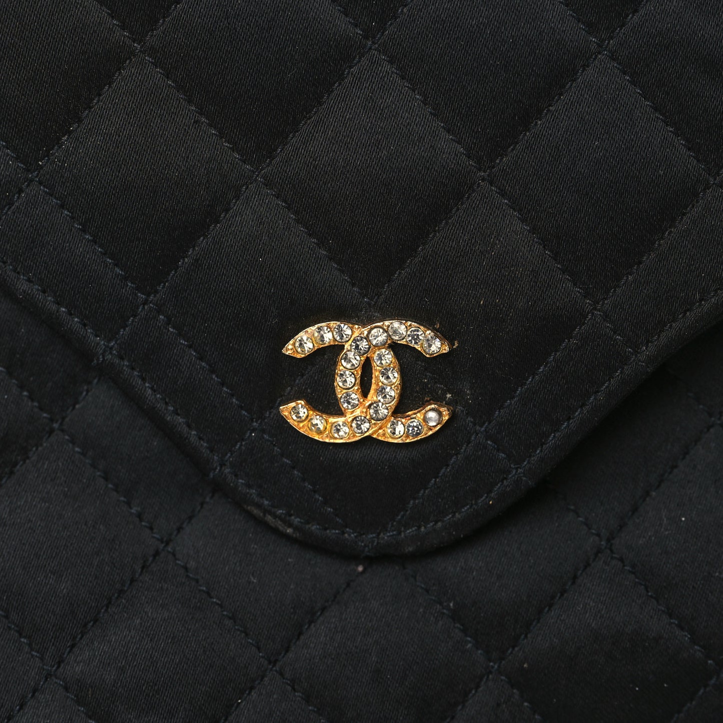 Satin Quilted Crystal Flap Black