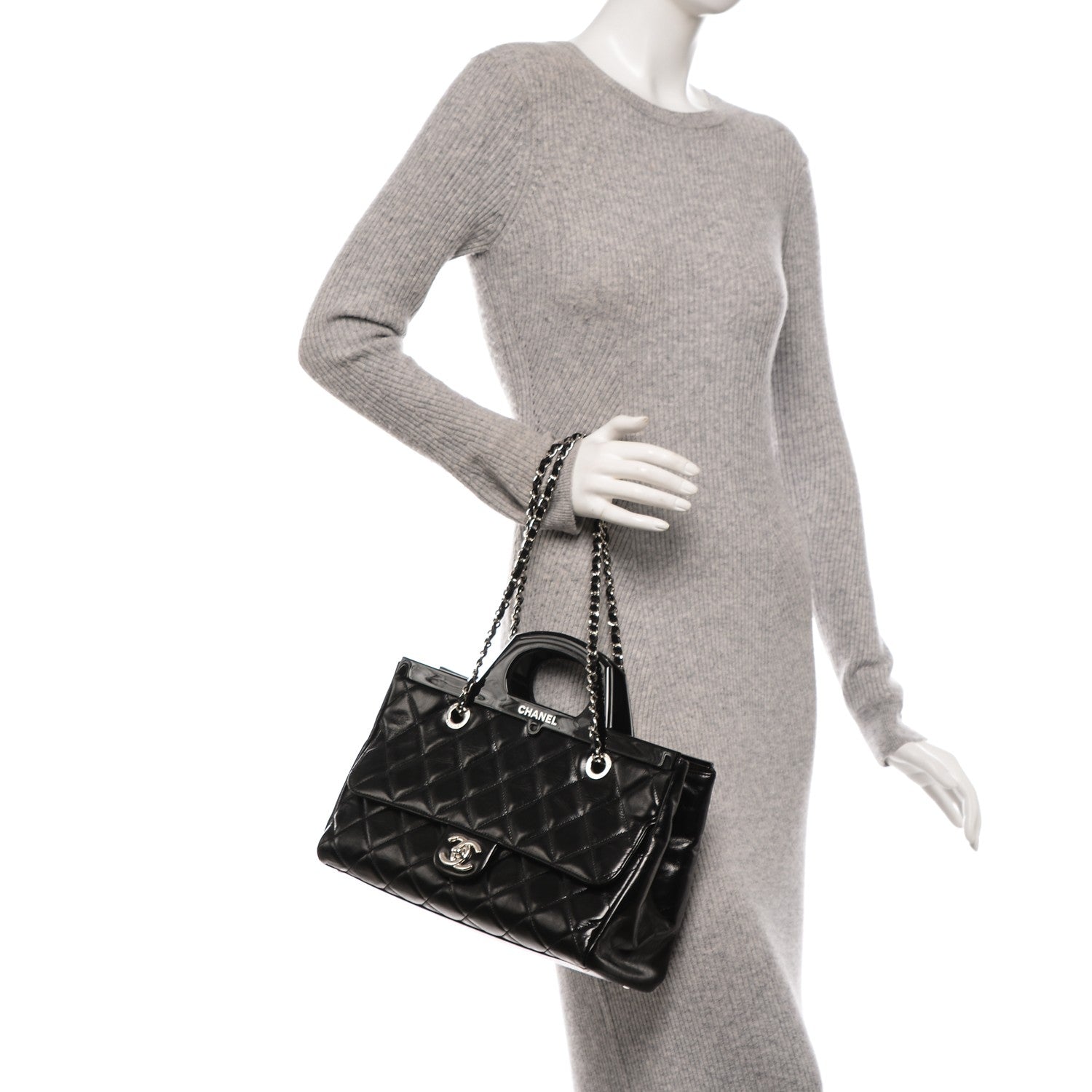 Chanel Glazed Calfskin Quilted Small CC Delivery Tote Black 2 of 7