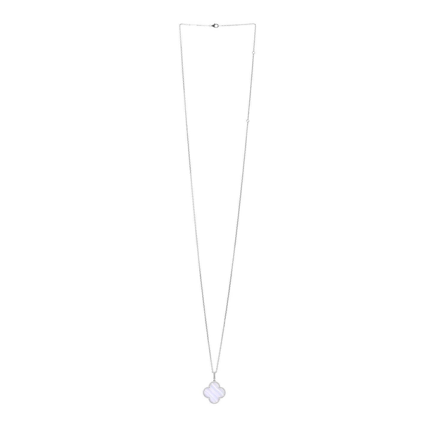 18K White Gold Chalcedony Magic Alhambra Pendant Long Necklace