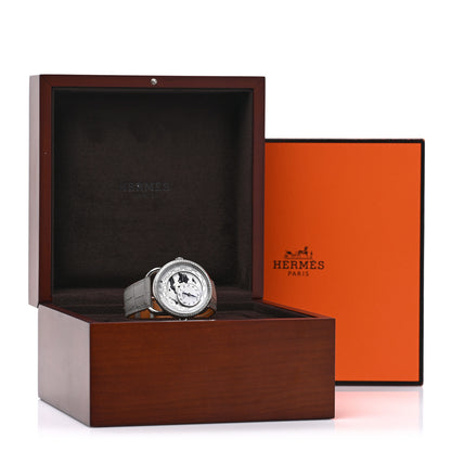 Hermes Stainless Steel Alligator Diamond Bezel Mother of Pearl 38mm Arceau Le Temps Voyageur Automatic Watch Gris Perle 5 of 5