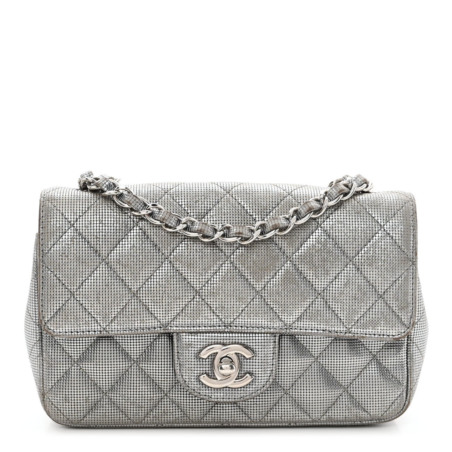 Metallic Calfskin Quilted Pixel Effect Mini Rectangular Flap Dark Silver