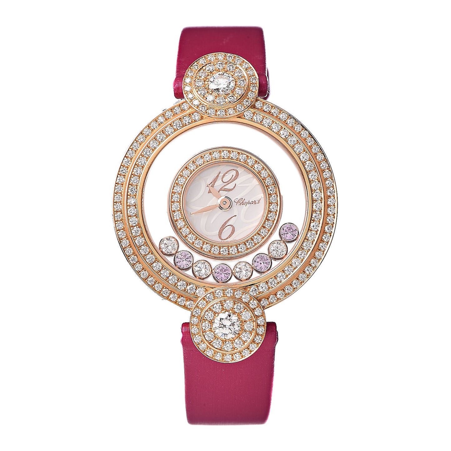 18K Rose Gold Satin Diamond Pave Bezel Pink Sapphire Mother of Pearl 30mm Happy Diamonds Icons Quartz Watch
