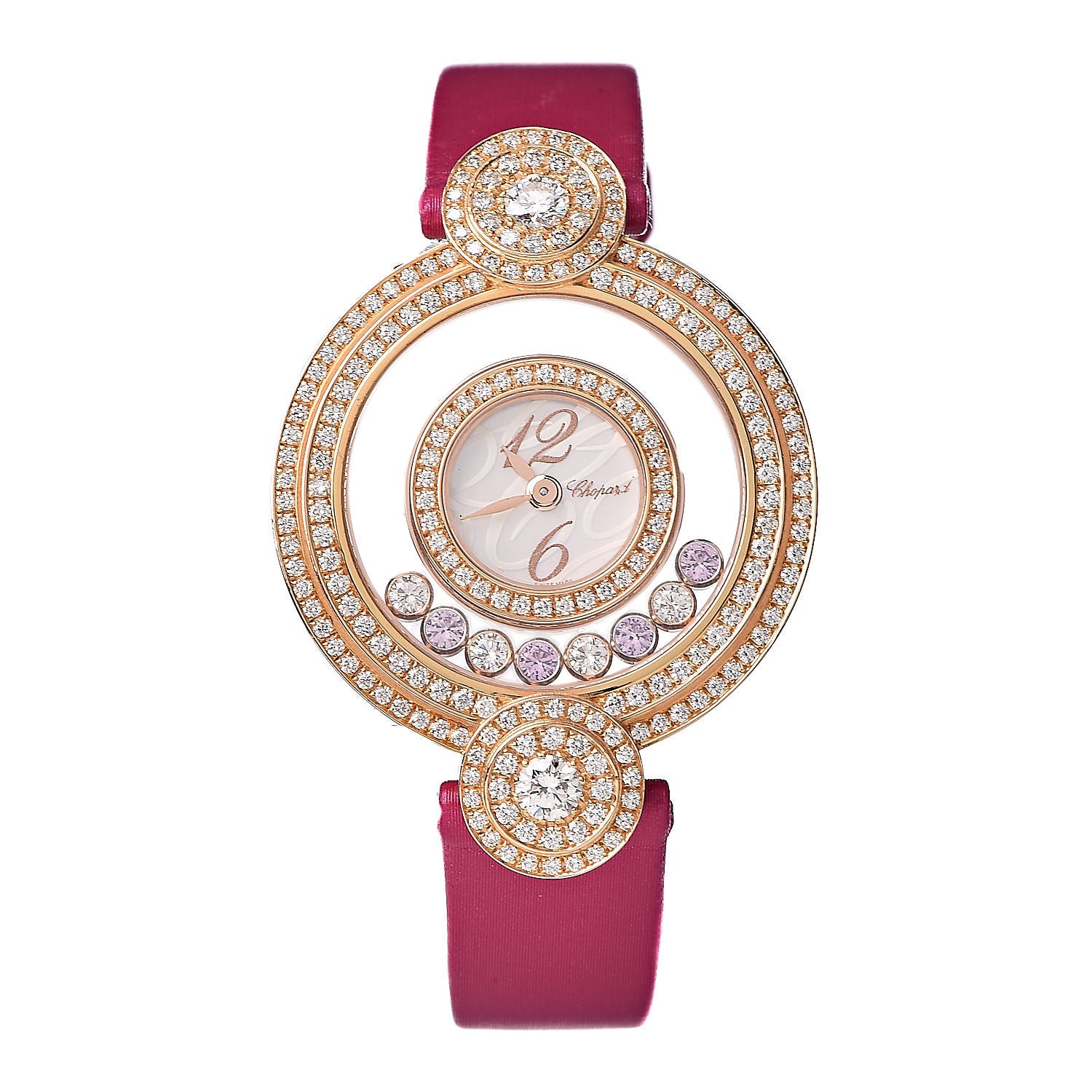 Chopard 18K Rose Gold Satin Diamond Pave Bezel Pink Sapphire Mother of Pearl 30mm Happy Diamonds Icons Quartz Watch 1 of 8