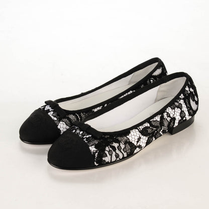 Chanel Lace Grosgrain Cap Toe Ballerina Flats 36.5 Black White 3 of 8