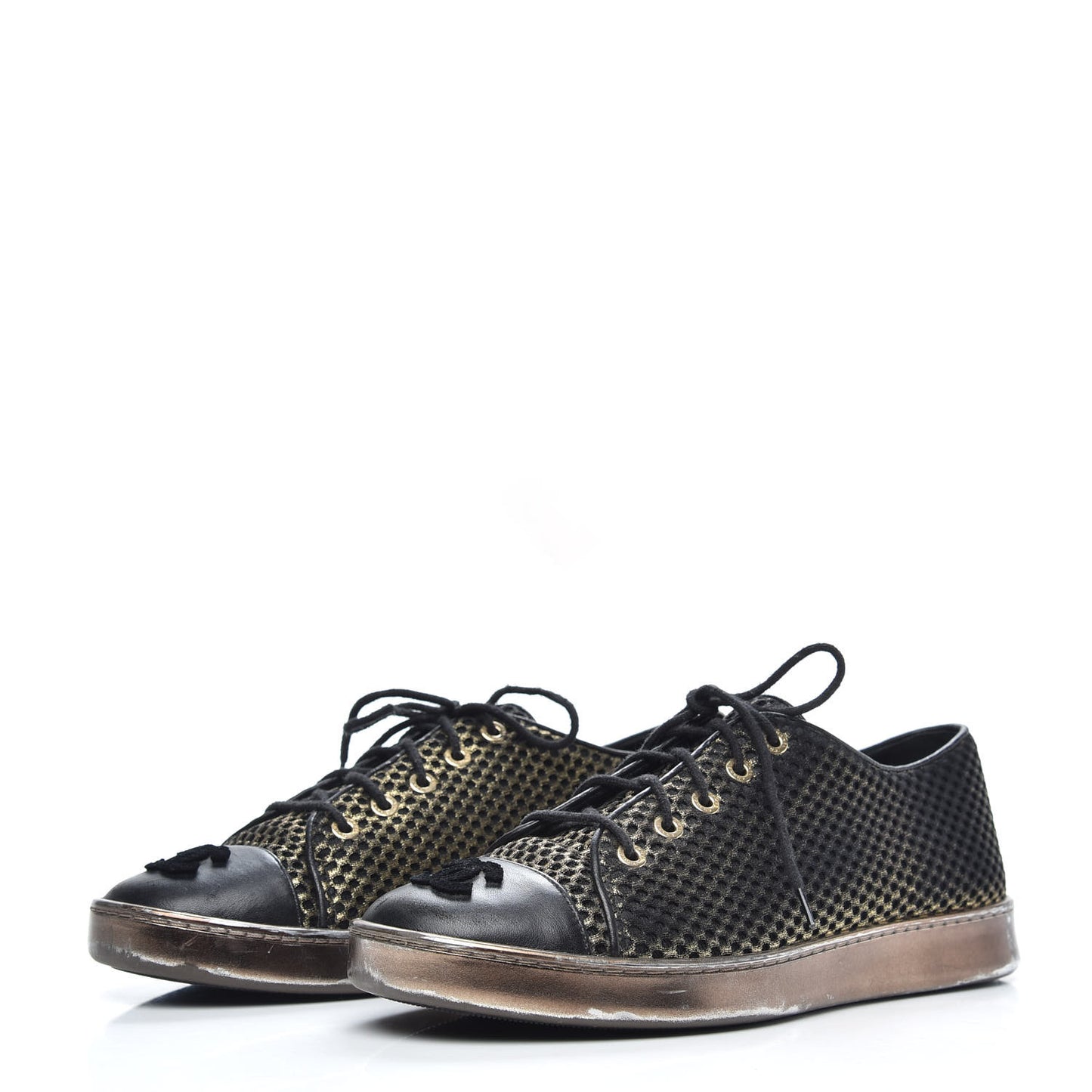 Fabric Mesh Lambskin Low Top Sneakers 38 Gold Black