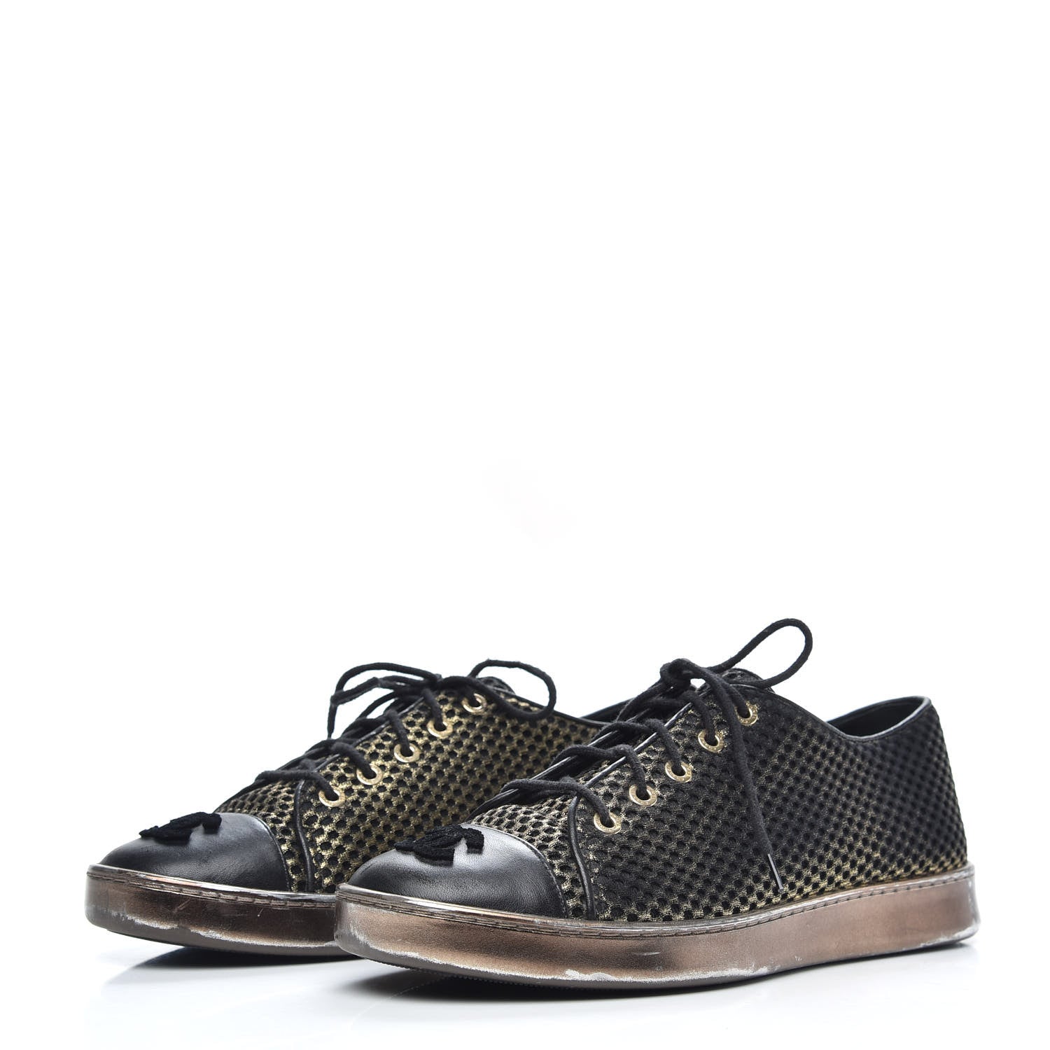 Chanel Fabric Mesh Lambskin Low Top Sneakers 38 Gold Black 3 of 7