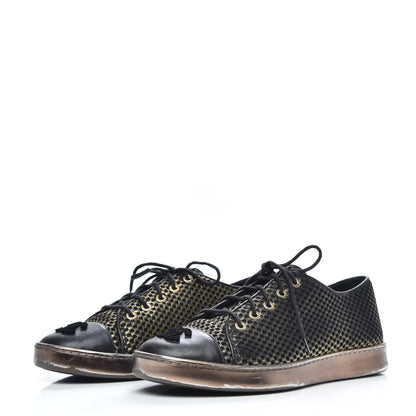 Chanel Fabric Mesh Lambskin Low Top Sneakers 38 Gold Black 3 of 7