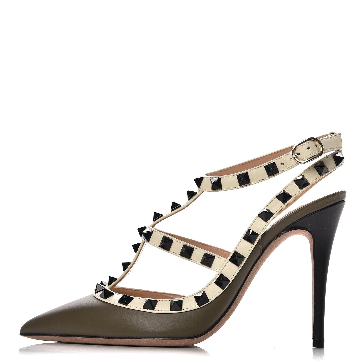 Nappa Rockstud Ankle Strap 100mm Pumps 36 Army Green Light Ivory