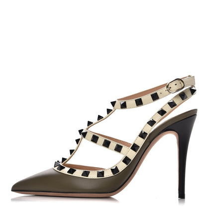 Valentino Garavani Nappa Rockstud Ankle Strap 100mm Pumps 36 Army Green Light Ivory 1 of 9