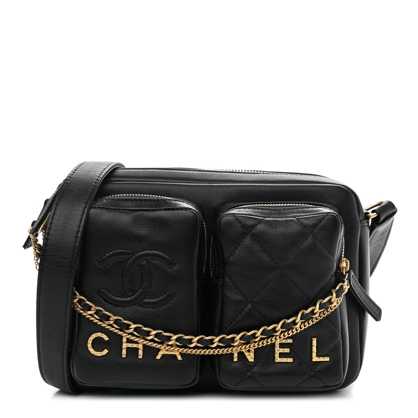 Calfskin Quilted Small Camera Case Black