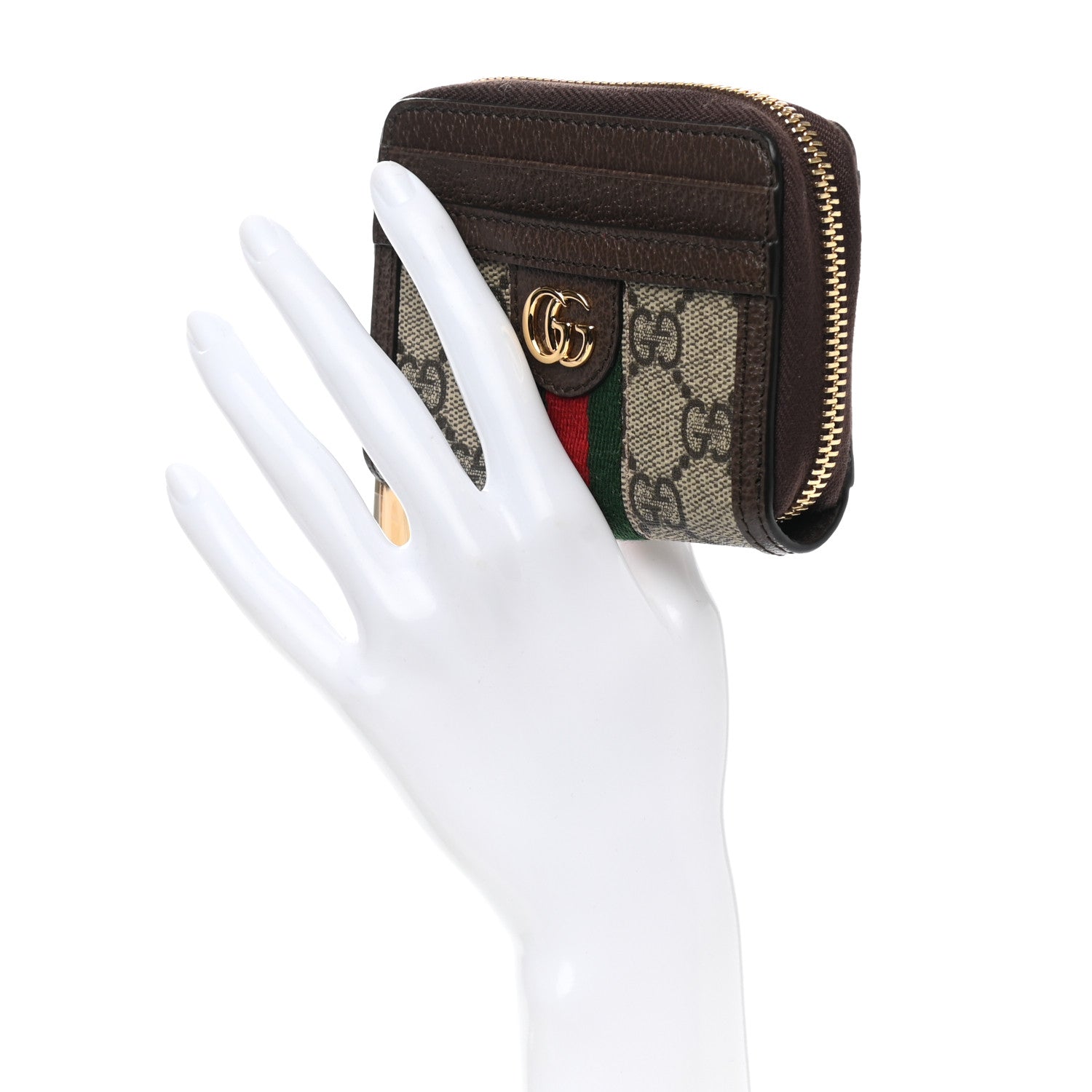 Gucci GG Supreme Monogram Textured Dollar Calfskin Web Ophidia Zip Around Card Case Wallet Beige Ebony New Acero 2 of 8
