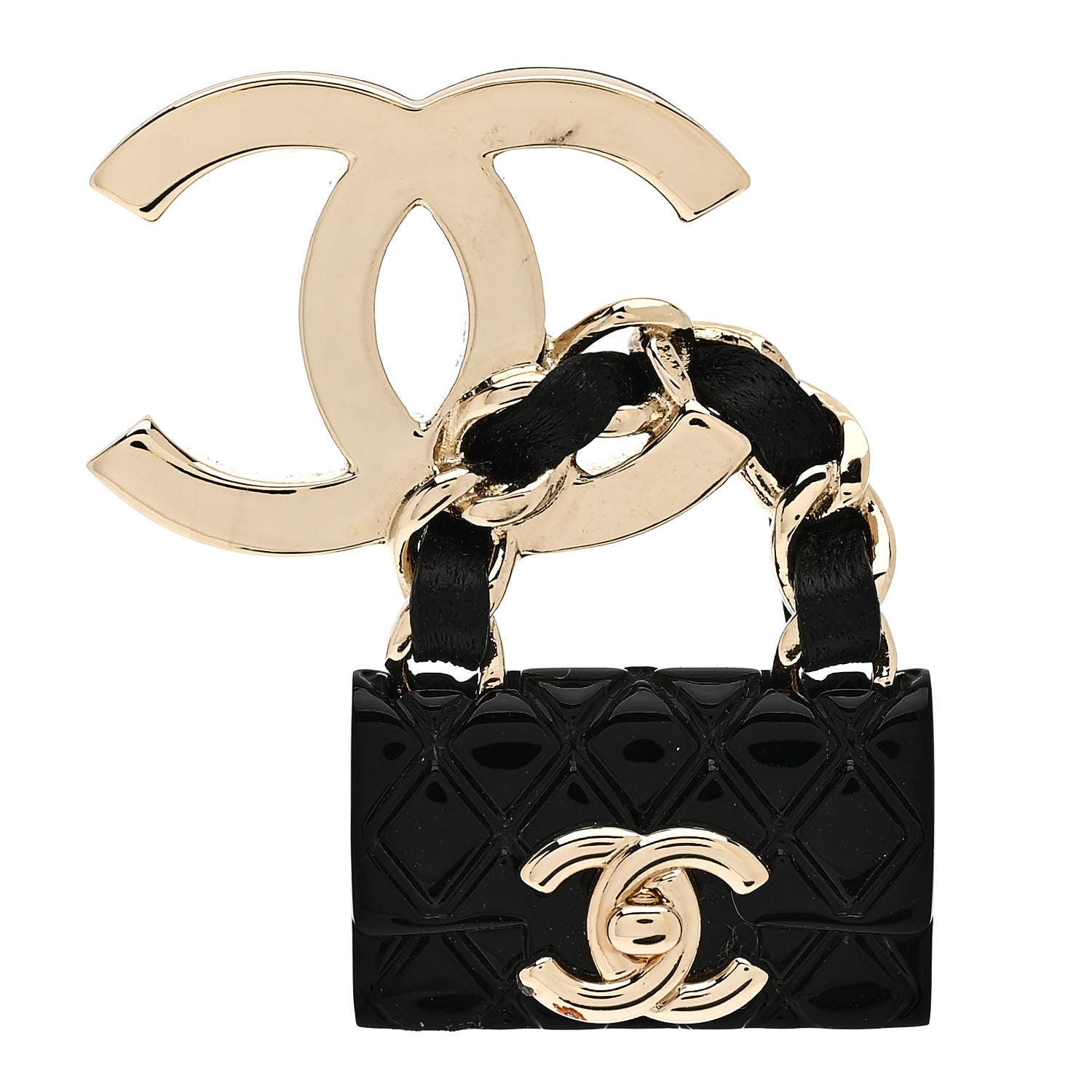 Chanel Metal Enamel CC Quilted Flap Brooch Gold Black 1 of 5