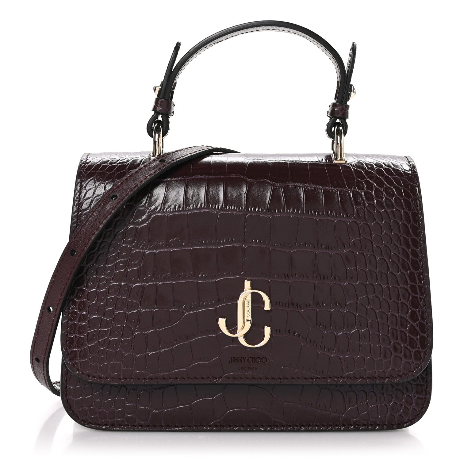 Jimmy Choo Calfskin Crocodile Embossed Medium JC Top Handle Bordeaux 1 of 8