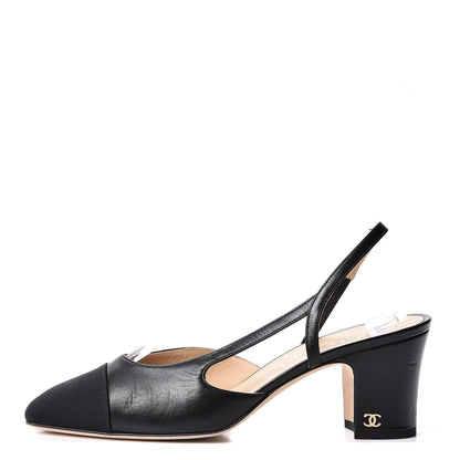 Chanel Goatskin Grosgrain Cap Toe CC Slingback Pumps 37.5 Black 1 of 10