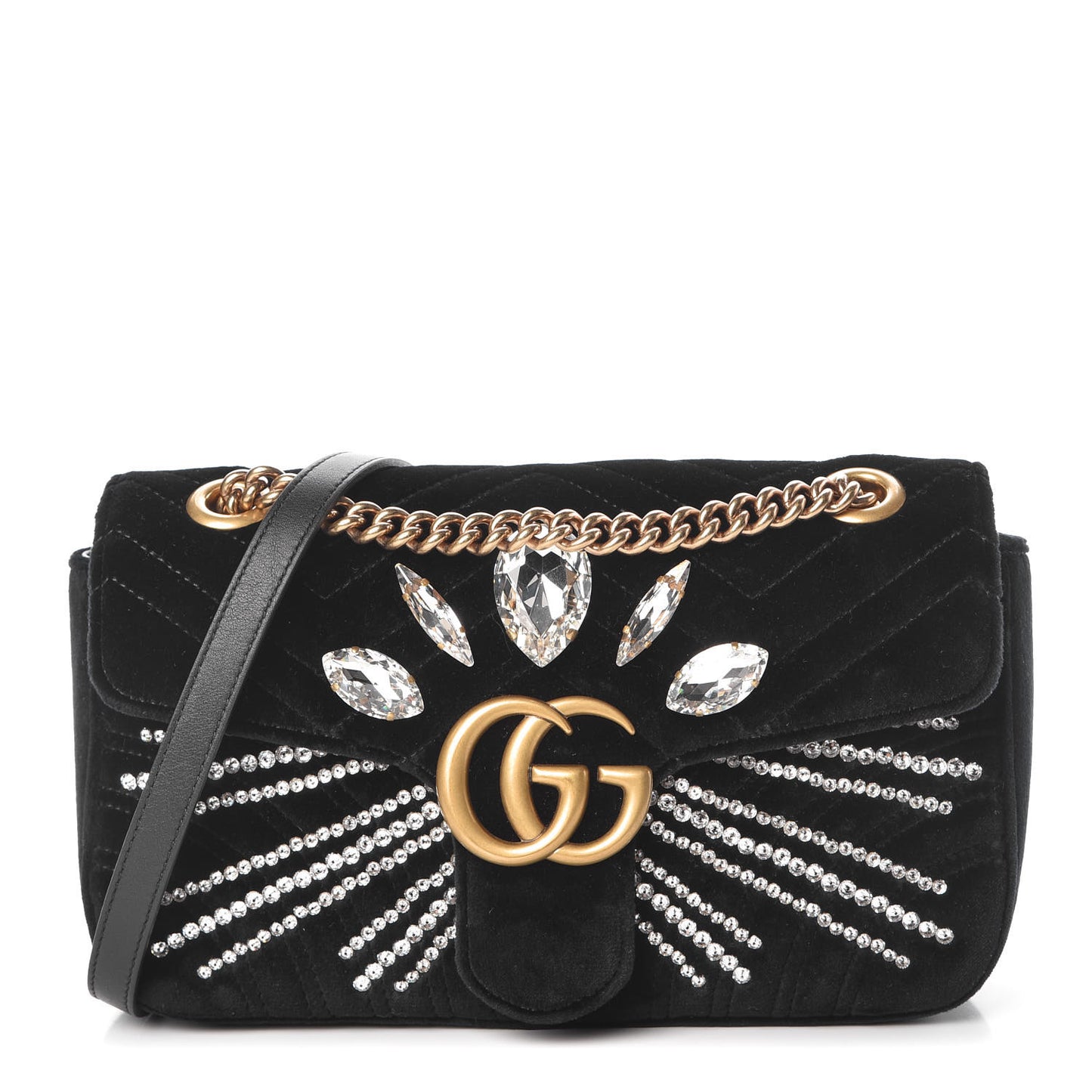 Velvet Matelasse Marquise Crystals Embroidered Small GG Marmont Shoulder Bag Black
