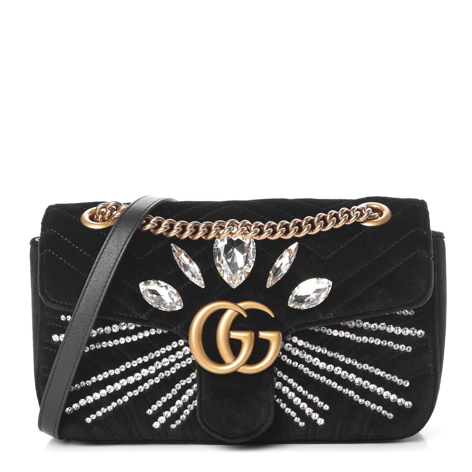 Gucci Velvet Matelasse Marquise Crystals Embroidered Small GG Marmont Shoulder Bag Black 1 of 7