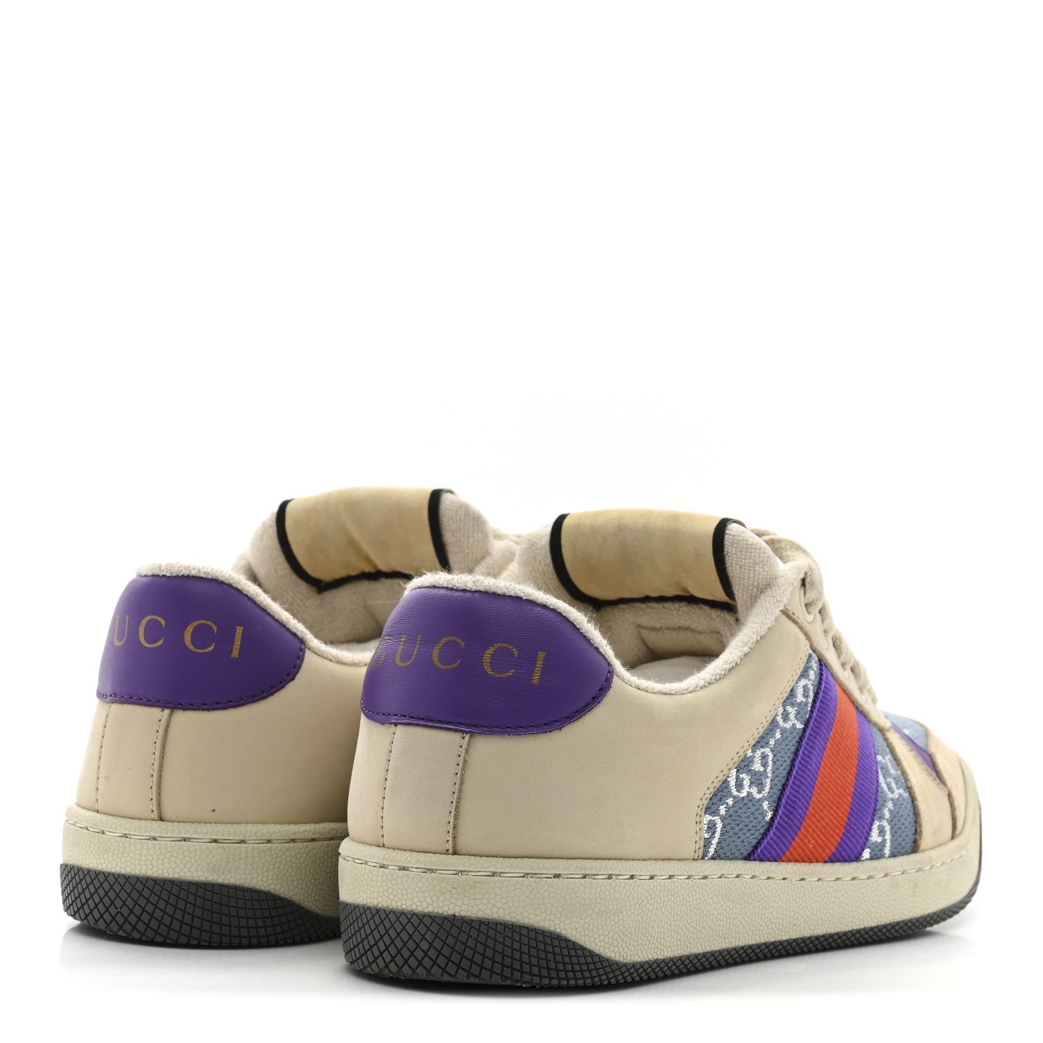 Gucci Calfskin Lame GG Monogram Web Womens Screener Sneakers 37.5 Blue Silver Dusty Milk Shine Purple 5 of 10