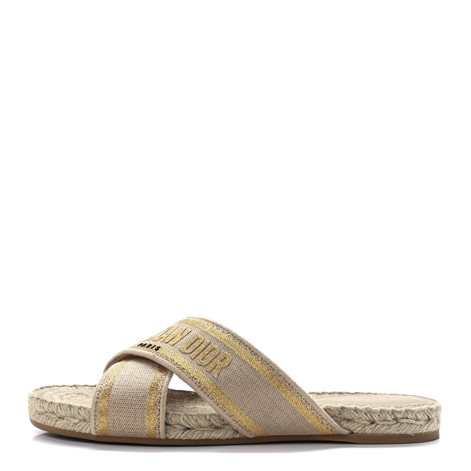 Christian Dior Canvas Embroidered Granville Espadrille Crisscross Flat Slide Sandals 38.5 Gold 1 of 8