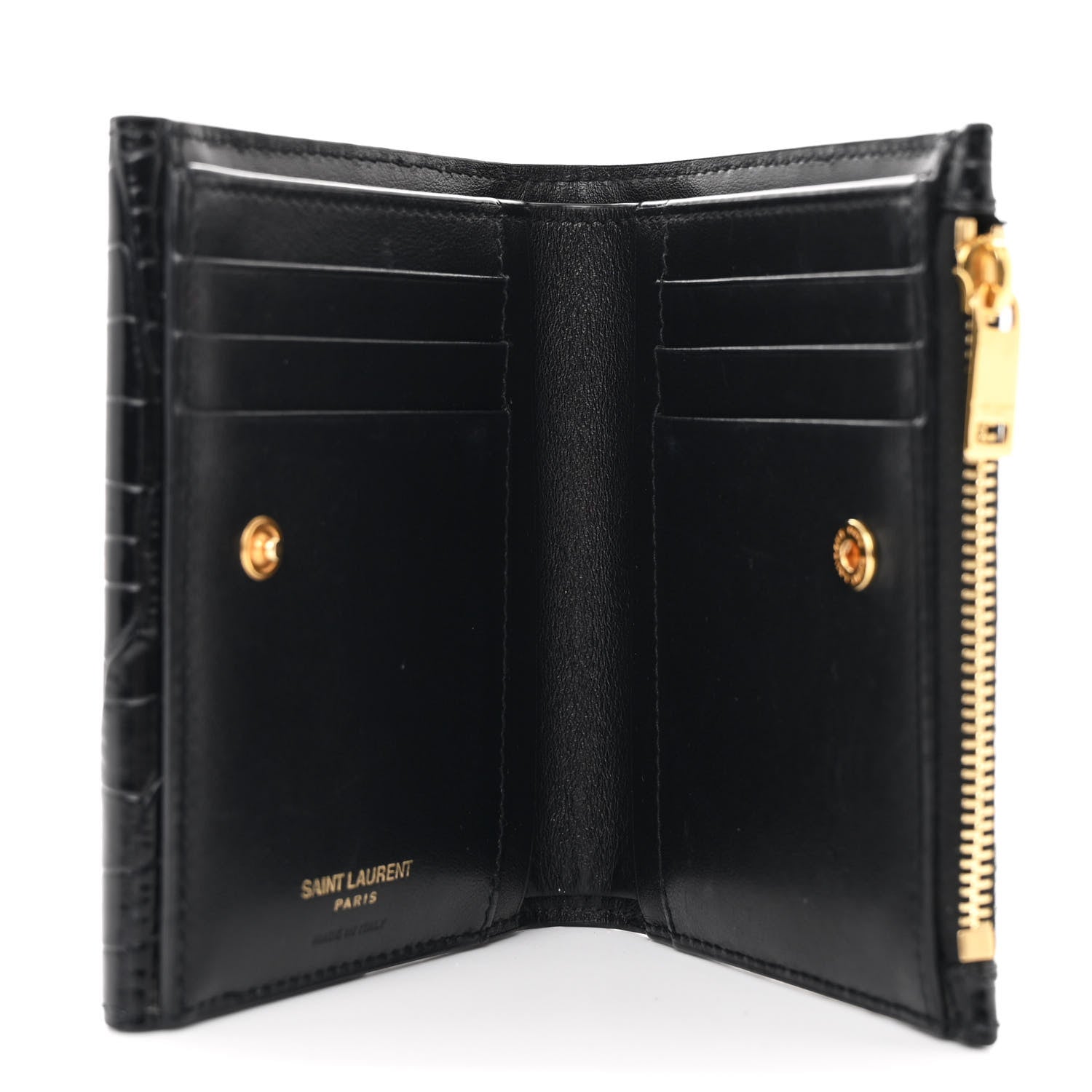 Saint Laurent Shiny Calfskin Crocodile Embossed Monogram Uptown Compact Wallet Black 5 of 7