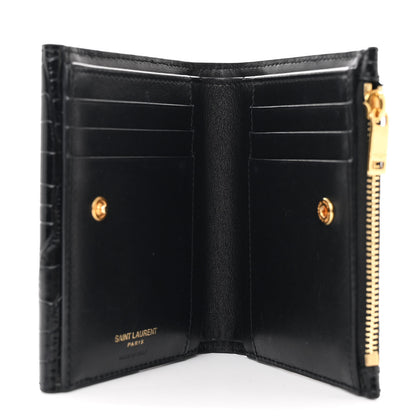 Saint Laurent Shiny Calfskin Crocodile Embossed Monogram Uptown Compact Wallet Black 5 of 7