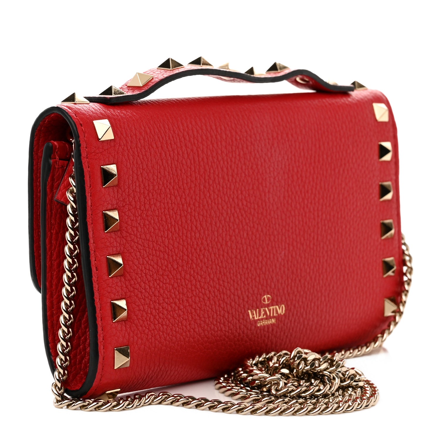 Valentino Garavani Pebbled Calfskin Rockstud Flip Lock Wallet On Chain Rouge Pur 3 of 11