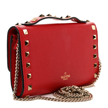 Valentino Garavani Pebbled Calfskin Rockstud Flip Lock Wallet On Chain Rouge Pur 3 of 11
