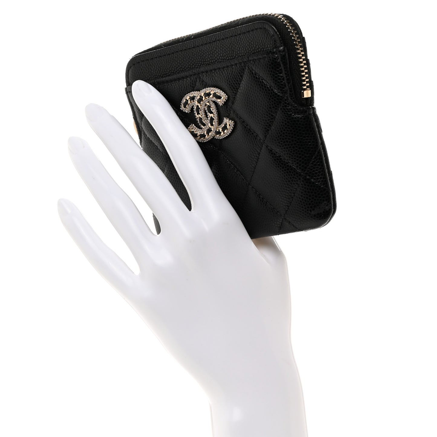 Caviar Quilted Crystal Zip Card Holder Wallet Black