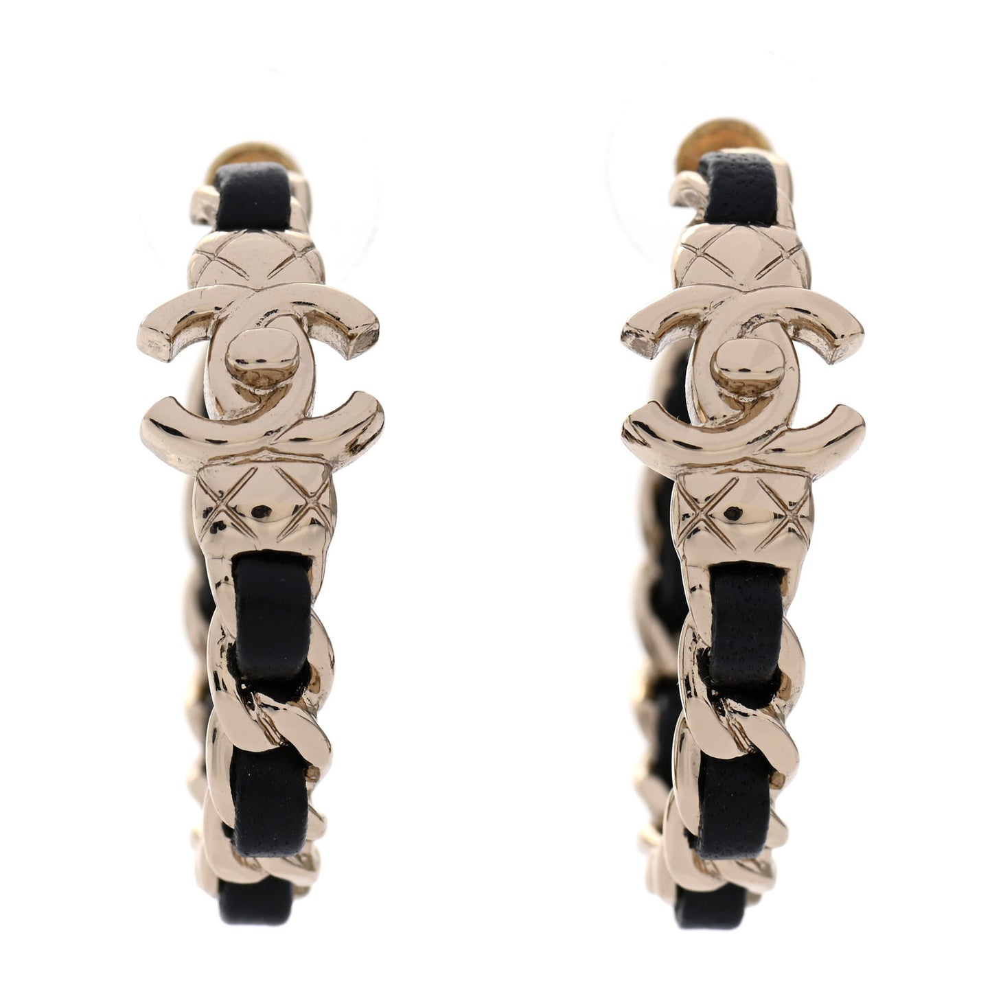 Metal Lambskin Quilted CC Turnlock Chain Hoop Earrings Gold Black